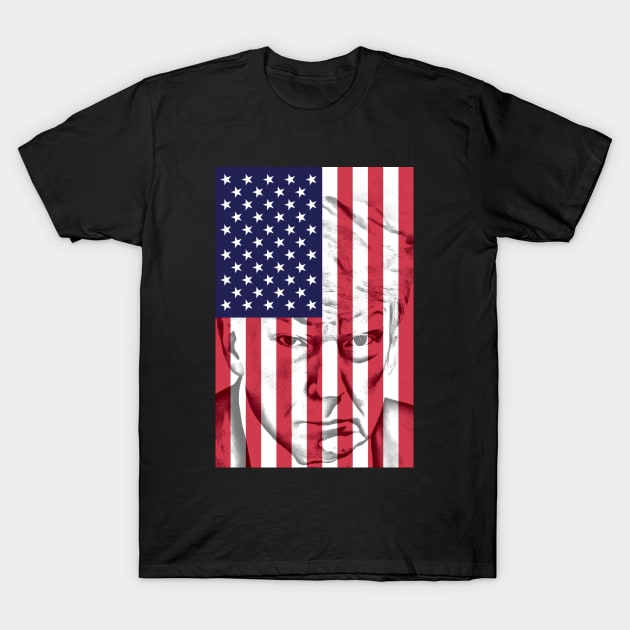 Donald Trump Mug Shot Behind US Flag Prison - Artistic Funny T-Shirt by WeirdFlex